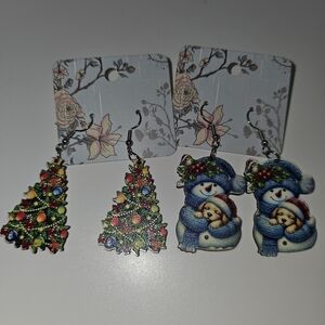 Festive Christmas Tree and Snowman Earrings 2 Pairs